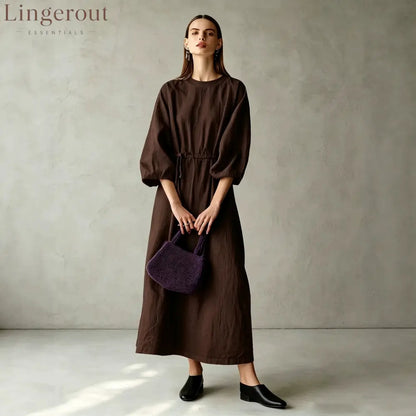 Women’s Cream Textured Cotton-Blend Maxi Gown With Drop Shoulder Lantern Sleeves & Self Tie Waist Detail Modern
