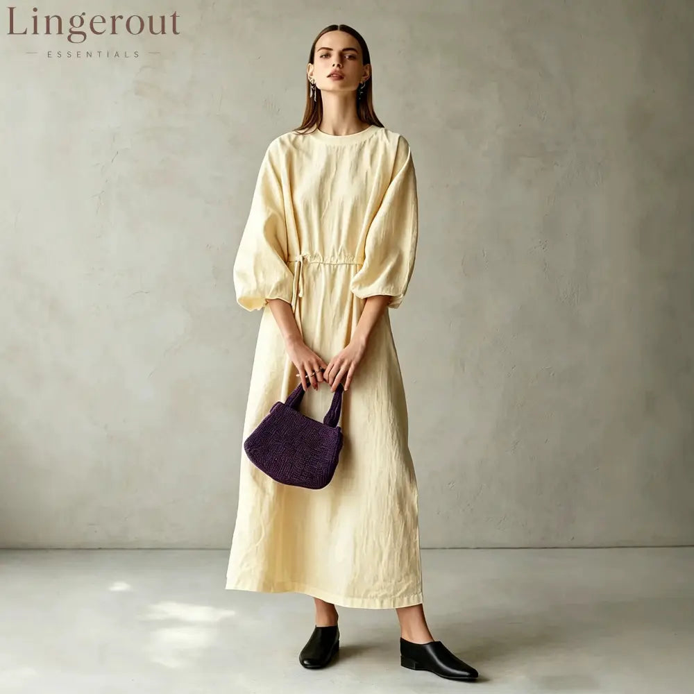 Women’s Cream Textured Cotton-Blend Maxi Gown With Drop Shoulder Lantern Sleeves & Self Tie Waist Detail Modern