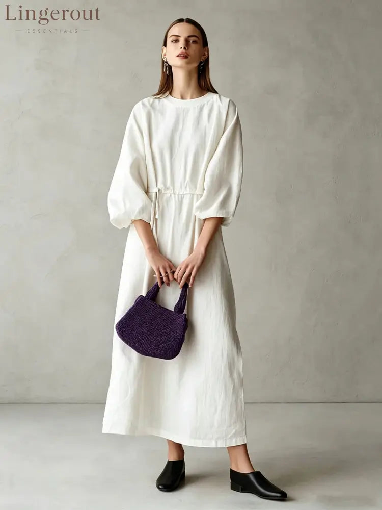 Women’s Cream Textured Cotton-Blend Maxi Gown With Drop Shoulder Lantern Sleeves & Self Tie Waist Detail Modern