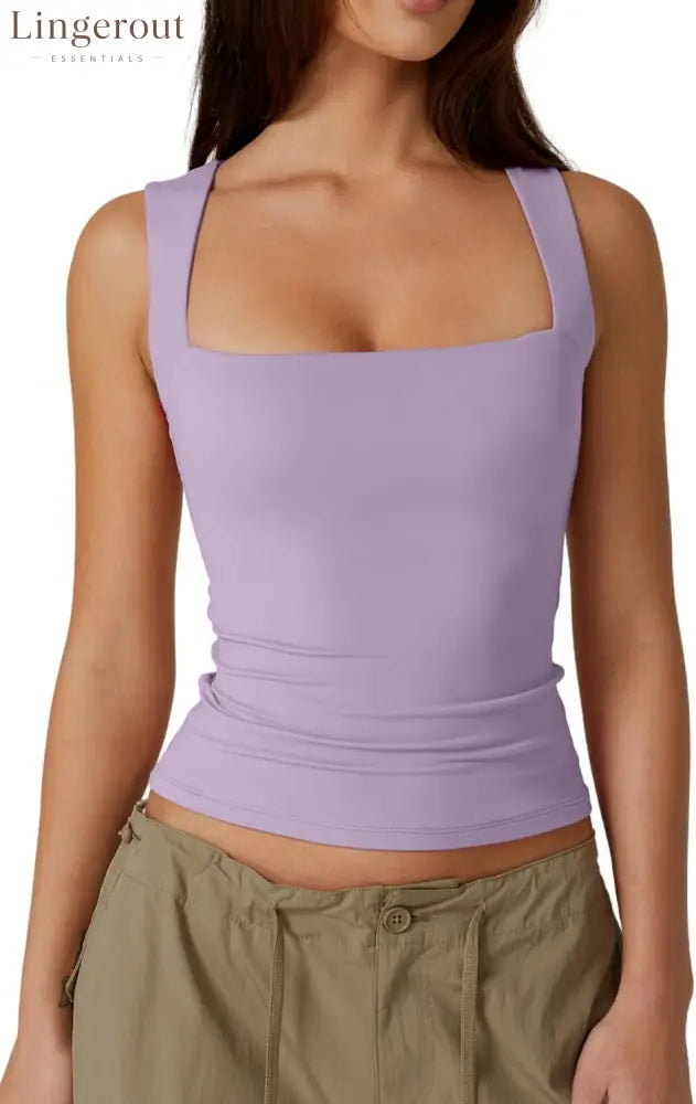 Women’s Double Layer Tank Tops Square Neck Sleeveless Basic Tight T Shirts - Large / Purple