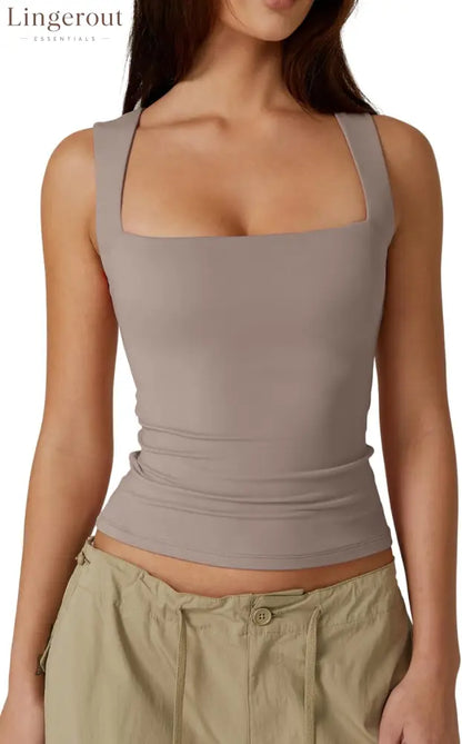 Women’s Double Layer Tank Tops Square Neck Sleeveless Basic Tight T Shirts - Large / Taupe Gray