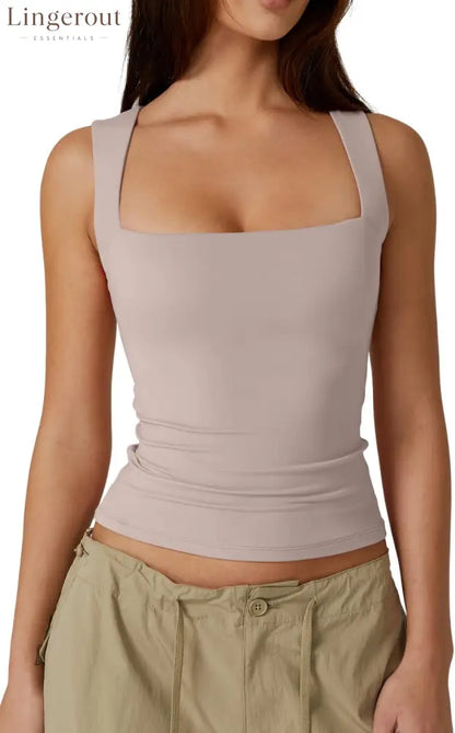 Women’s Double Layer Tank Tops Square Neck Sleeveless Basic Tight T Shirts - Medium / Crystal Gray
