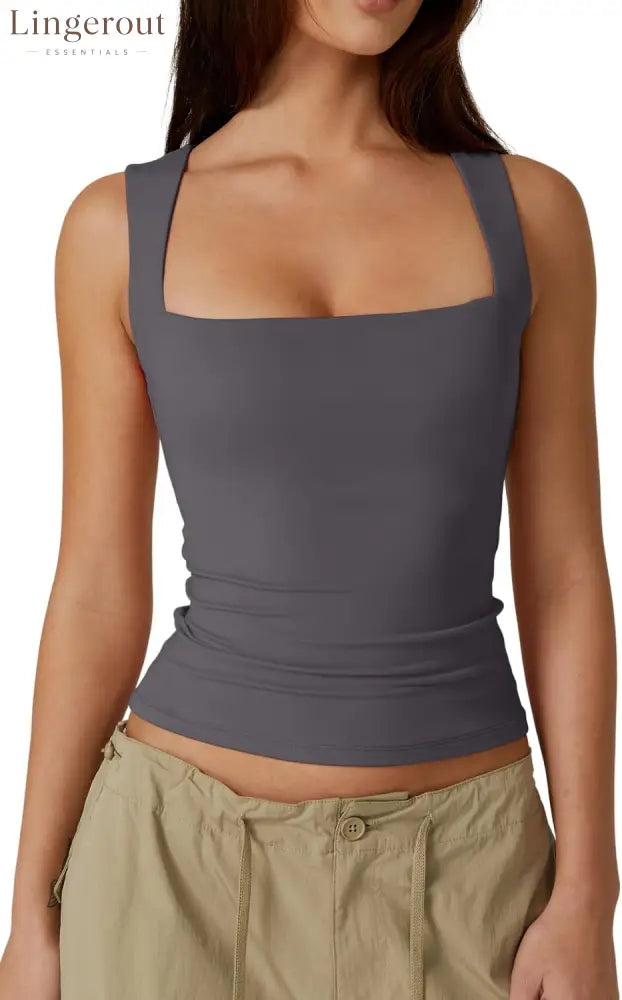Women’s Double Layer Tank Tops Square Neck Sleeveless Basic Tight T Shirts - Medium / Dark Grey