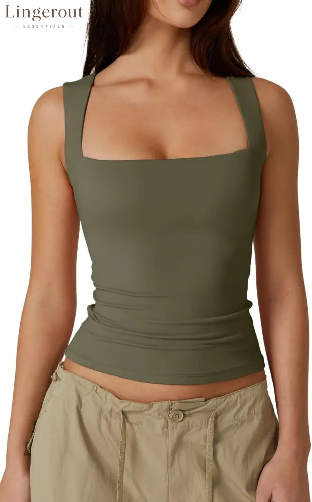 Women’s Double Layer Tank Tops Square Neck Sleeveless Basic Tight T Shirts - Small / Army Green