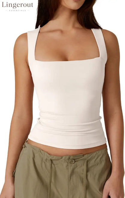 Women’s Double Layer Tank Tops Square Neck Sleeveless Basic Tight T Shirts - Small / Beige