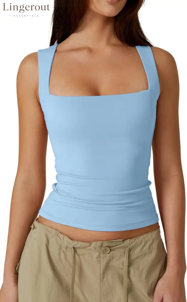 Women’s Double Layer Tank Tops Square Neck Sleeveless Basic Tight T Shirts - Small / Light Blue
