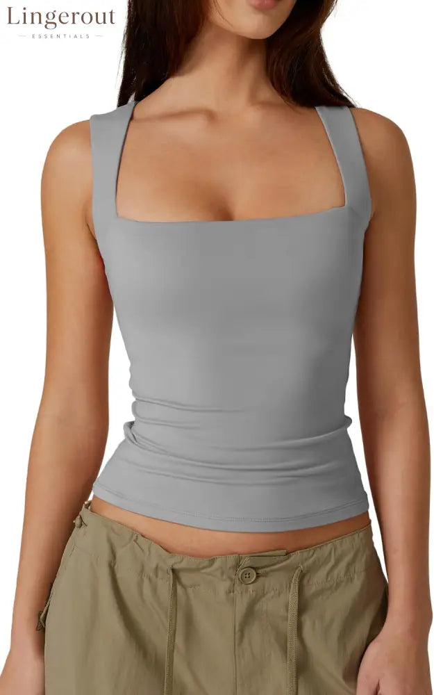Women’s Double Layer Tank Tops Square Neck Sleeveless Basic Tight T Shirts - Small / Mirage Gray