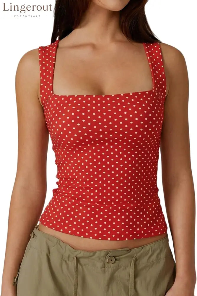 Women’s Double Layer Tank Tops Square Neck Sleeveless Basic Tight T Shirts - Small / Red