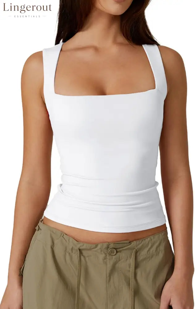 Women’s Double Layer Tank Tops Square Neck Sleeveless Basic Tight T Shirts - Small / Splashed White