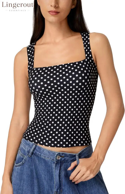 Women’s Double Layer Tank Tops Square Neck Sleeveless Basic Tight T Shirts - X-Small / Black Polka Dots