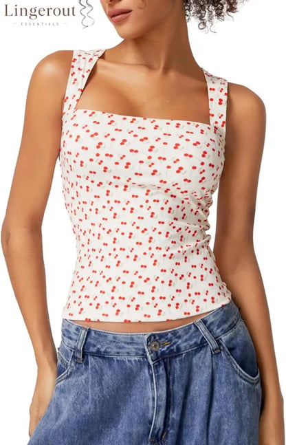 Women’s Double Layer Tank Tops Square Neck Sleeveless Basic Tight T Shirts - X-Small / Cherry Print