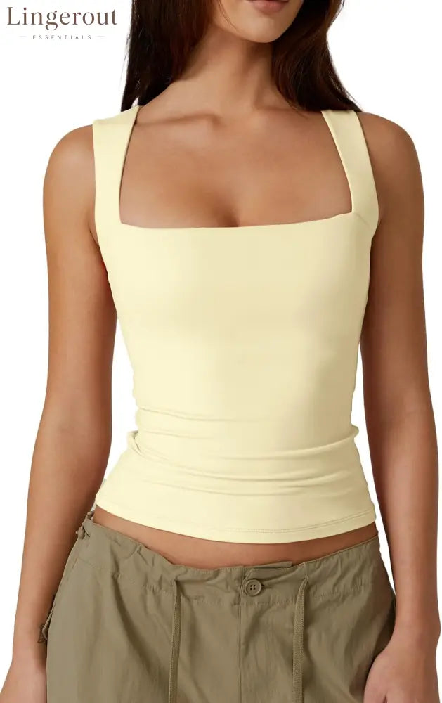 Women’s Double Layer Tank Tops Square Neck Sleeveless Basic Tight T Shirts - X-Small / Light Yellow