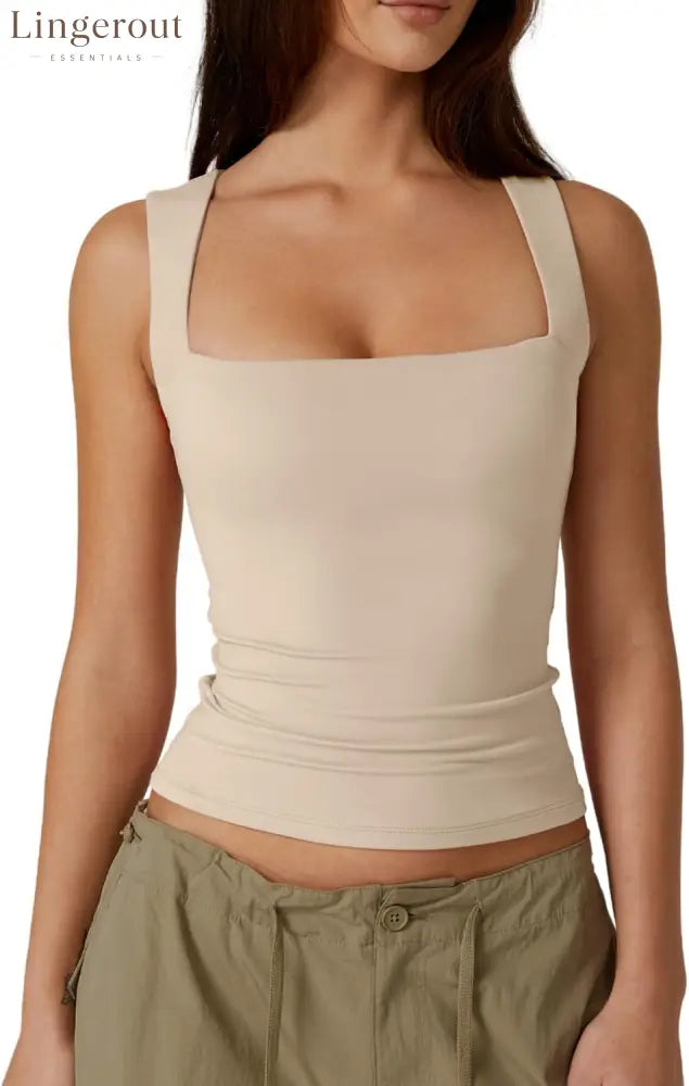 Women’s Double Layer Tank Tops Square Neck Sleeveless Basic Tight T Shirts - X-Small / Rose Dust