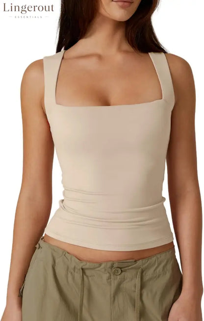 Women’s Double Layer Tank Tops Square Neck Sleeveless Basic Tight T Shirts - X-Small / Rose Dust
