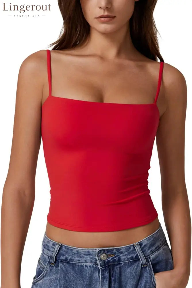 Women’s Double Lined Basic Tank Top Adjustable Spaghetti Straps Sleeveless Camisole Shirts - Large / Red