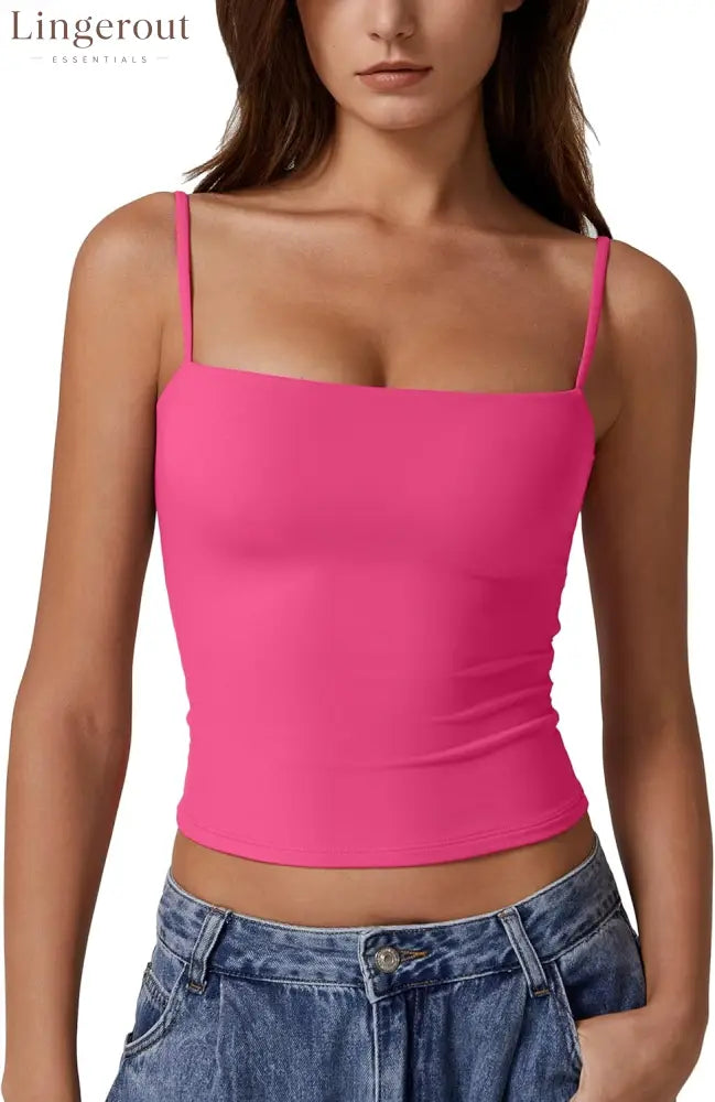 Women’s Double Lined Basic Tank Top Adjustable Spaghetti Straps Sleeveless Camisole Shirts - Large / Rosy
