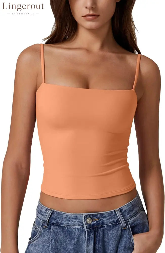 Women’s Double Lined Basic Tank Top Adjustable Spaghetti Straps Sleeveless Camisole Shirts - Medium / Amber Yellow