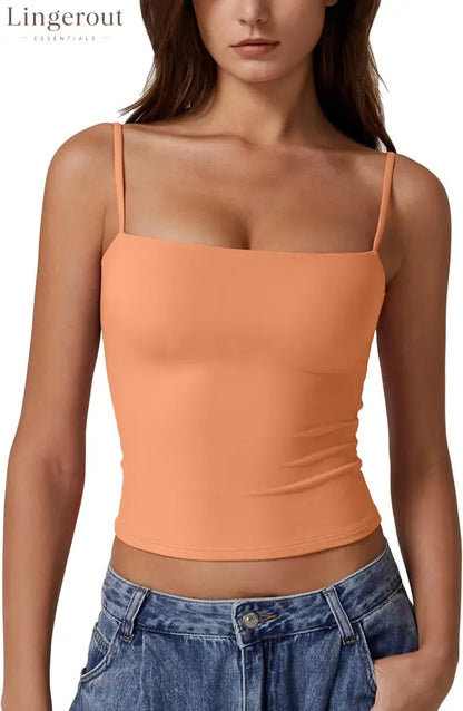 Women’s Double Lined Basic Tank Top Adjustable Spaghetti Straps Sleeveless Camisole Shirts - Medium / Amber Yellow