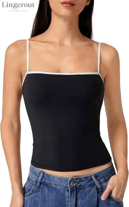 Women’s Double Lined Basic Tank Top Adjustable Spaghetti Straps Sleeveless Camisole Shirts - Medium / Black&white