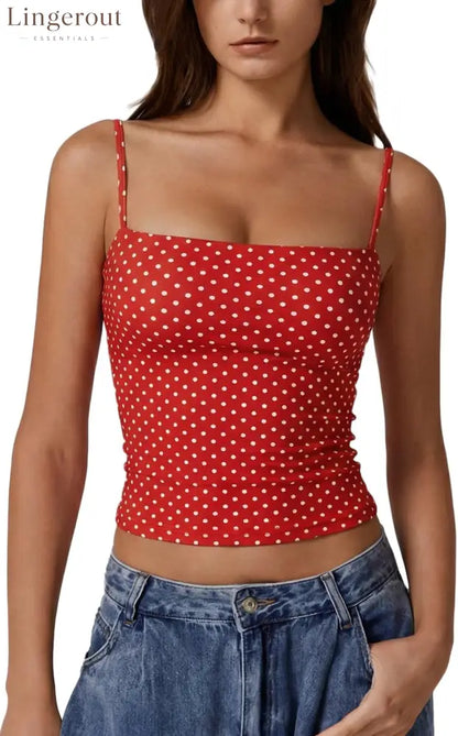 Women’s Double Lined Basic Tank Top Adjustable Spaghetti Straps Sleeveless Camisole Shirts - Medium / Red With White