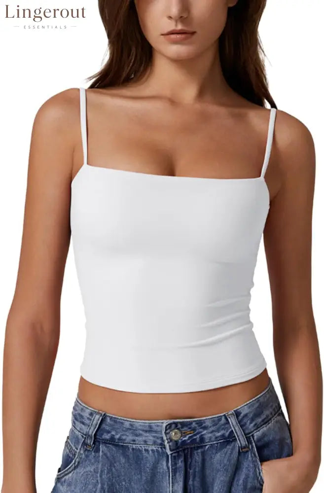 Women’s Double Lined Basic Tank Top Adjustable Spaghetti Straps Sleeveless Camisole Shirts - Medium / White