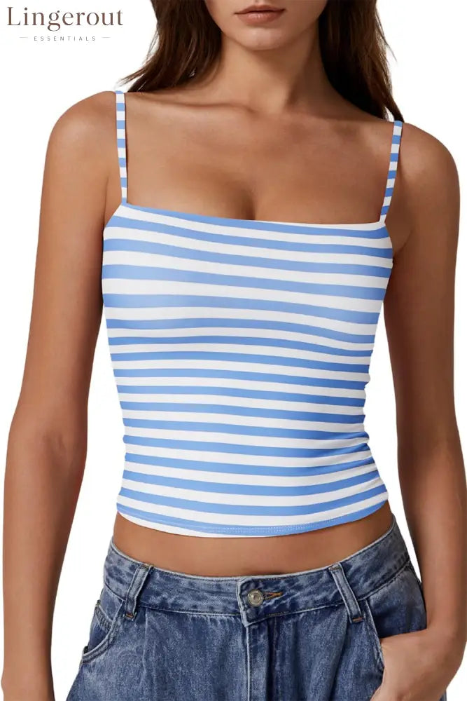Women’s Double Lined Basic Tank Top Adjustable Spaghetti Straps Sleeveless Camisole Shirts - Small / Blue Stripe