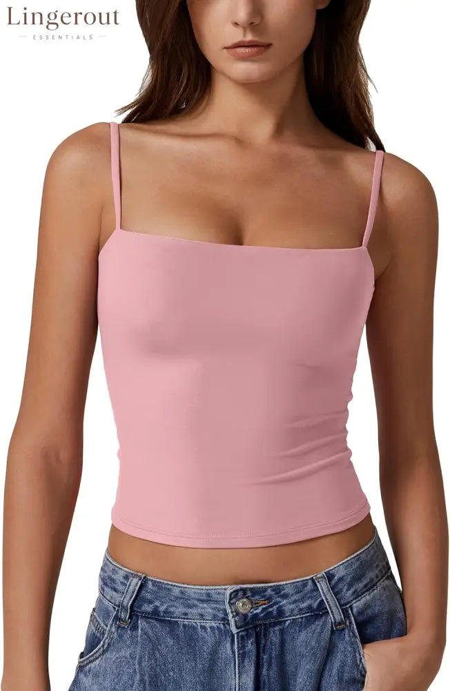Women’s Double Lined Basic Tank Top Adjustable Spaghetti Straps Sleeveless Camisole Shirts - Small / Pink