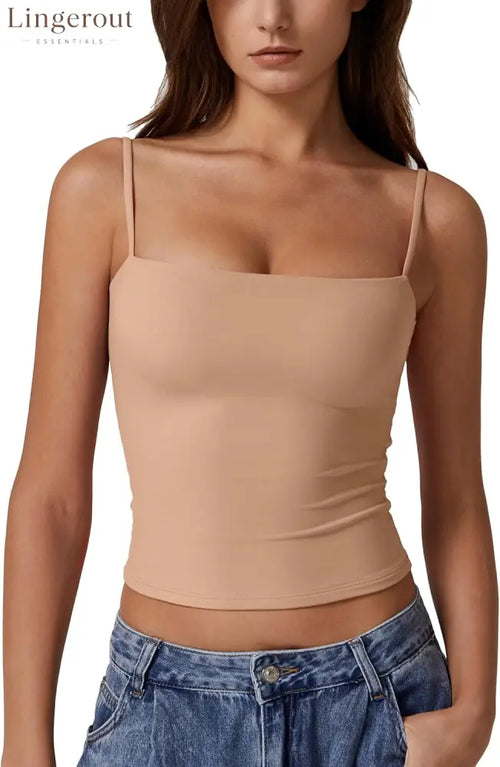 Women’s Double Lined Basic Tank Top Adjustable Spaghetti Straps Sleeveless Camisole Shirts - Small / Tan
