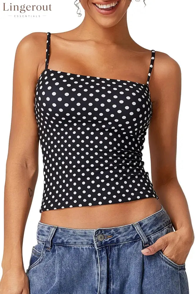 Women’s Double Lined Basic Tank Top Adjustable Spaghetti Straps Sleeveless Camisole Shirts - Small / White Polka Dots