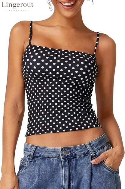 Women’s Double Lined Basic Tank Top Adjustable Spaghetti Straps Sleeveless Camisole Shirts - Small / White Polka Dots