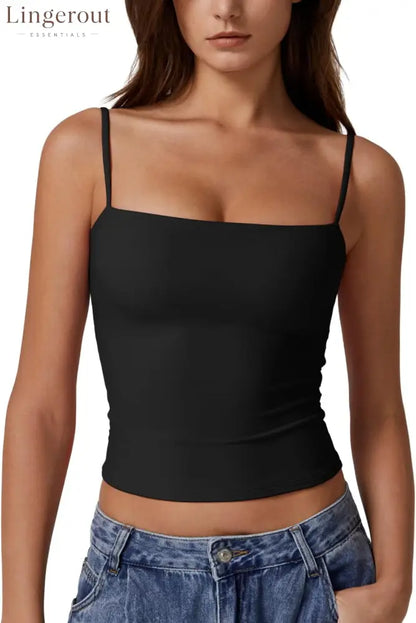 Women’s Double Lined Basic Tank Top Adjustable Spaghetti Straps Sleeveless Camisole Shirts - X-Large / Black