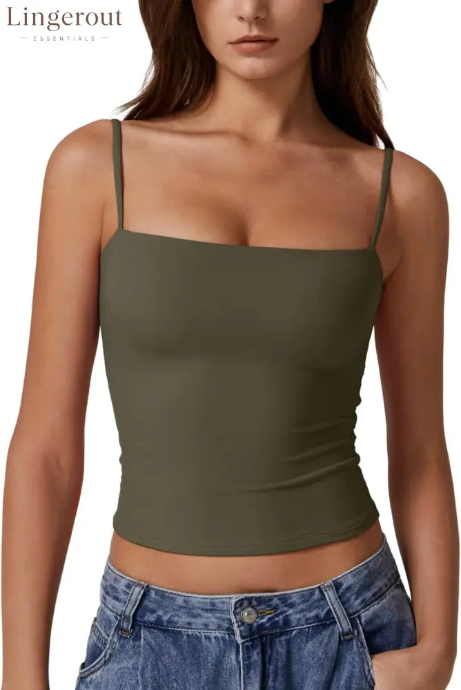 Women’s Double Lined Basic Tank Top Adjustable Spaghetti Straps Sleeveless Camisole Shirts - X-Large / Olive Green