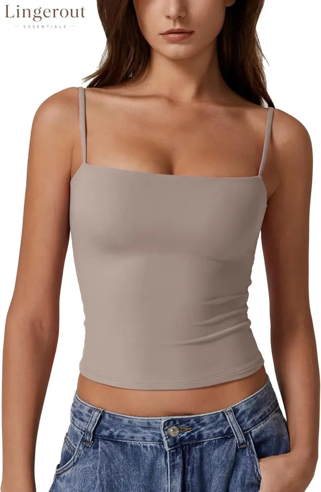 Women’s Double Lined Basic Tank Top Adjustable Spaghetti Straps Sleeveless Camisole Shirts - X-Small / Taupe Gray