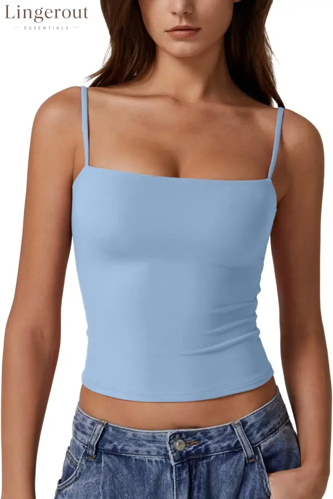 Women’s Double Lined Basic Tank Top Adjustable Spaghetti Straps Sleeveless Camisole Shirts - XX-Large / Light Blue