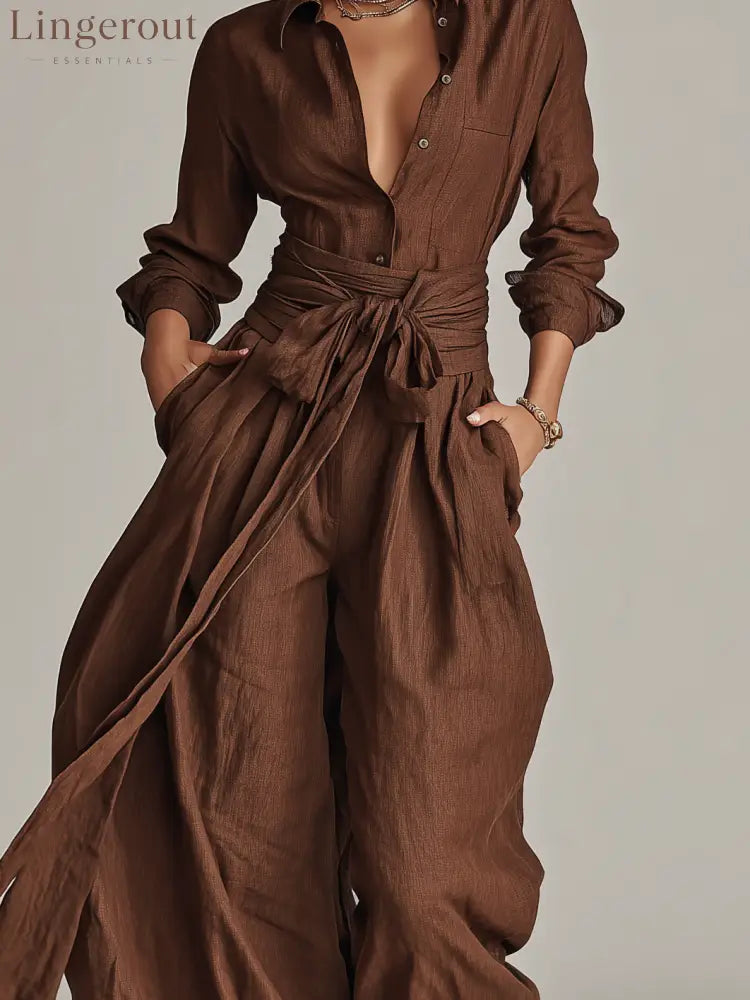 Women’s Elegant Brown Woven Cotton-linen Long-sleeved Shirt Collar Jumpsuit With Belt