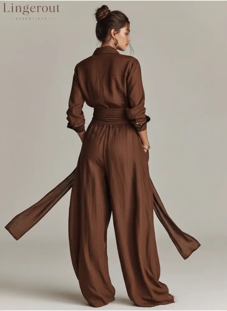 Women’s Elegant Brown Woven Cotton-linen Long-sleeved Shirt Collar Jumpsuit With Belt