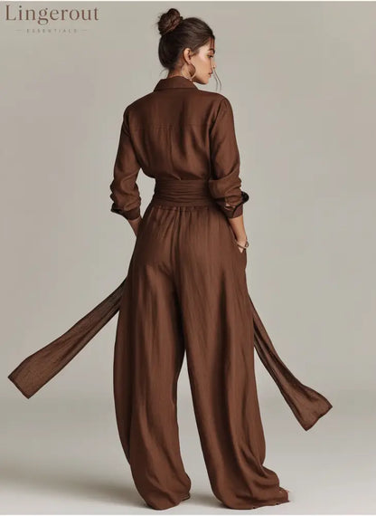 Women’s Elegant Brown Woven Cotton-linen Long-sleeved Shirt Collar Jumpsuit With Belt