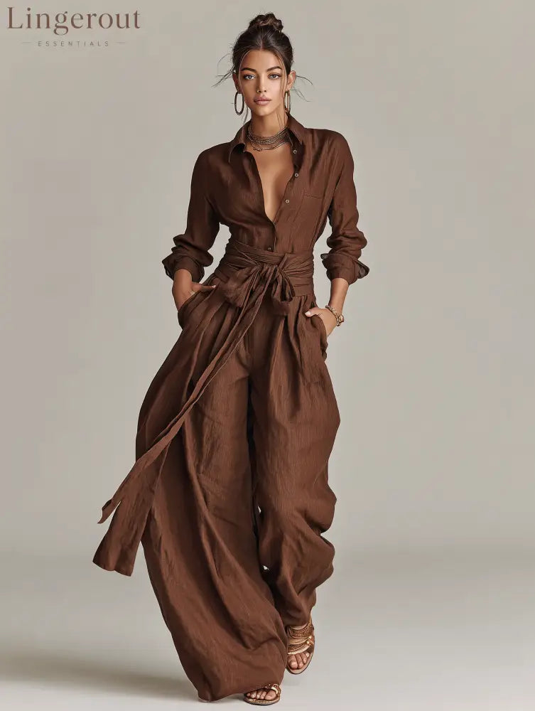 Women’s Elegant Brown Woven Cotton-linen Long-sleeved Shirt Collar Jumpsuit With Belt