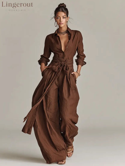 Women’s Elegant Brown Woven Cotton-linen Long-sleeved Shirt Collar Jumpsuit With Belt