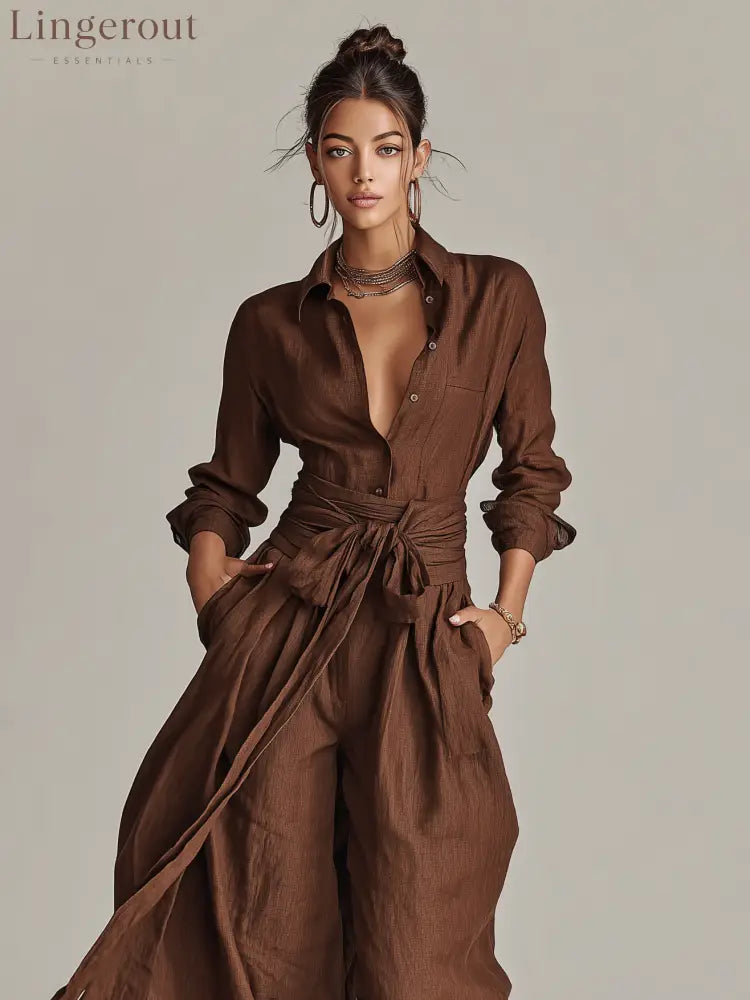 Women’s Elegant Brown Woven Cotton-linen Long-sleeved Shirt Collar Jumpsuit With Belt