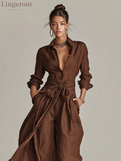 Women’s Elegant Brown Woven Cotton-linen Long-sleeved Shirt Collar Jumpsuit With Belt
