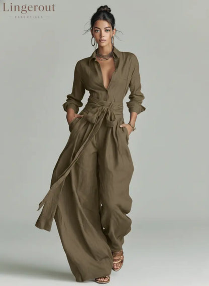 Women’s Elegant Brown Woven Cotton-linen Long-sleeved Shirt Collar Jumpsuit With Belt - Cold Brown / XS
