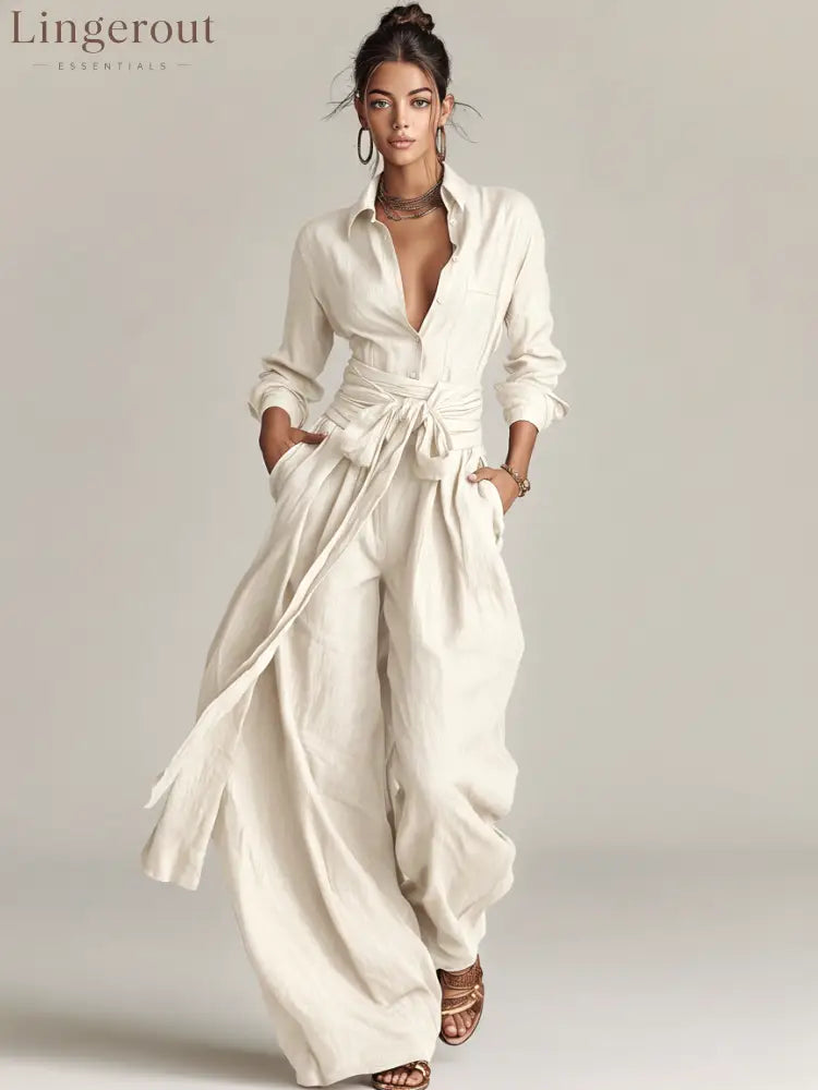 Women’s Elegant Brown Woven Cotton-linen Long-sleeved Shirt Collar Jumpsuit With Belt - White / XS