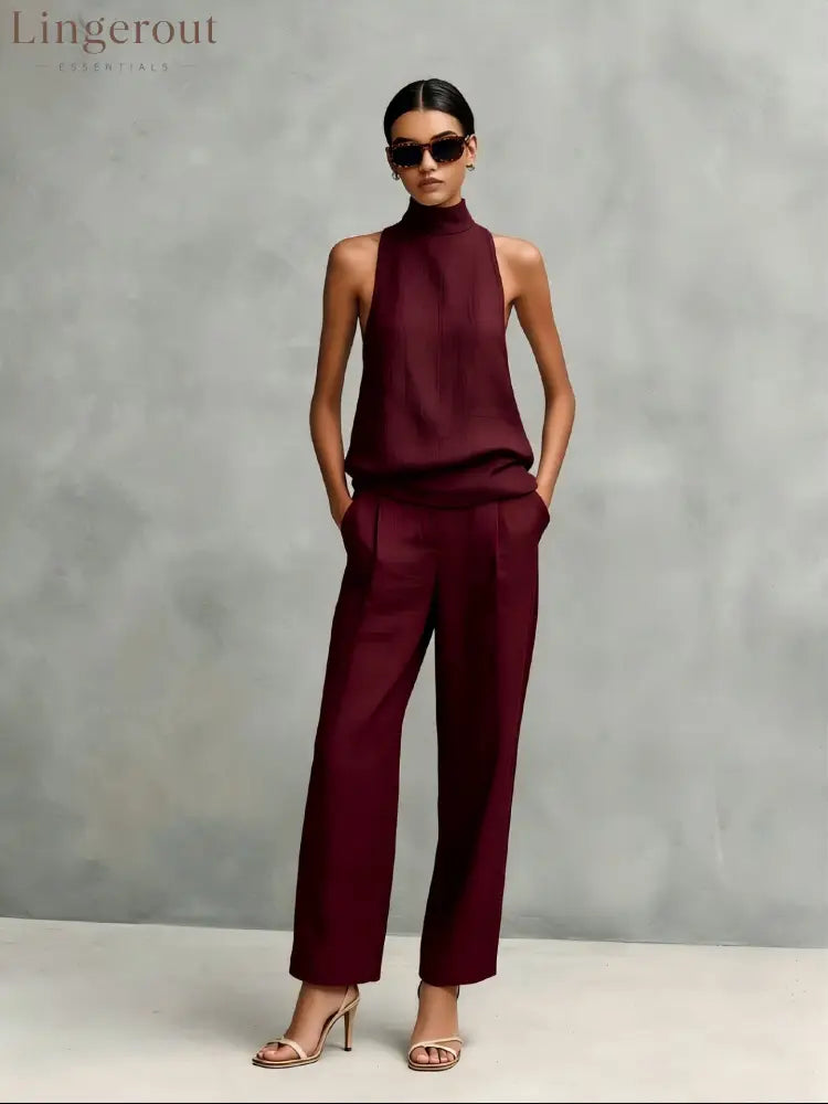 Women’s Elegant Cotton And Linen Round-neck Sleeveless Top And Trousers Set - Burgundy (ready in stock) / S