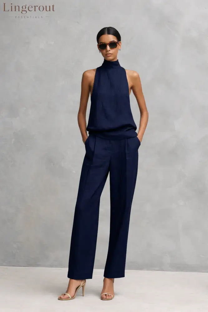 Women’s Elegant Cotton And Linen Round-neck Sleeveless Top And Trousers Set - Navy blue (spot) / S