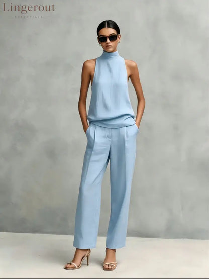 Women’s Elegant Cotton And Linen Round-neck Sleeveless Top And Trousers Set - Sky blue (spot) / S