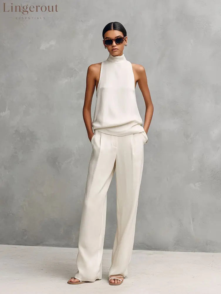 Women’s Elegant Cotton And Linen Round-neck Sleeveless Top And Trousers Set - White (ready in stock) / S