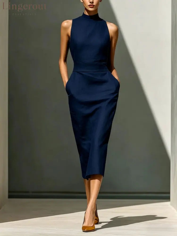 Women’S Elegant Sleeveless Slim Fit Hip-Covering Mid-Length Dress - Dark blue / S
