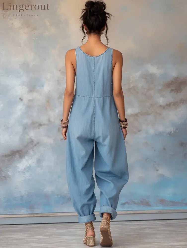 Women’s Floral Pattern Sleeveless Denim Jumpsuit
