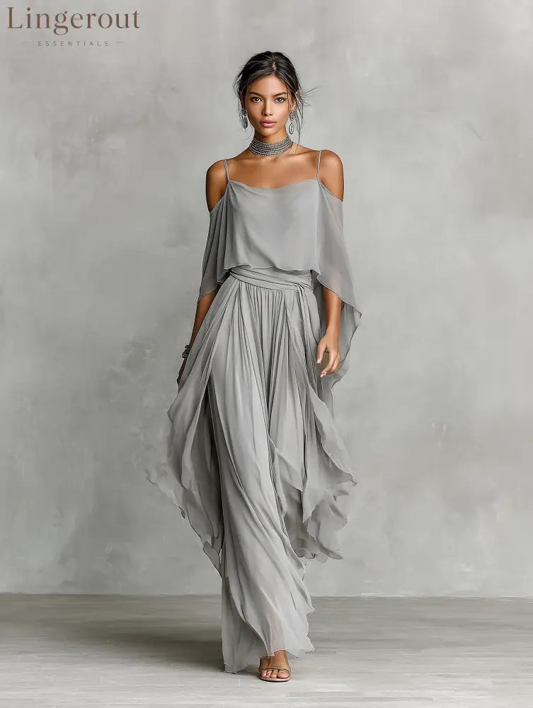 Women’s Grey Breathable Chiffon Maxi Dress With Cold-Shoulder Detail & Flared Silhouette